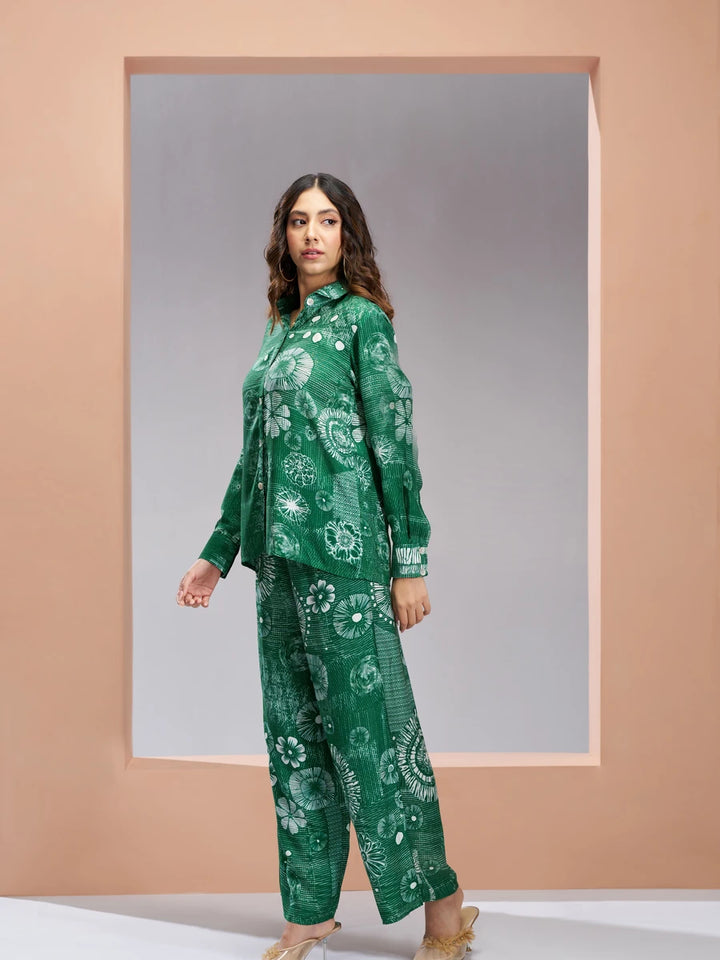 Chic Green Co-ord Set | Muslin Silk Designer Printed Festive Attire