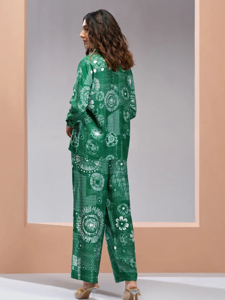 Chic Green Co-ord Set | Muslin Silk Designer Printed Festive Attire