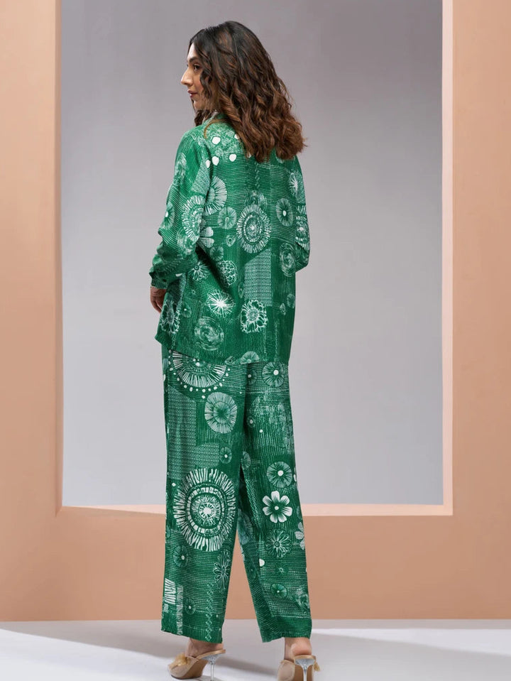 Chic Green Co-ord Set | Muslin Silk Designer Printed Festive Attire