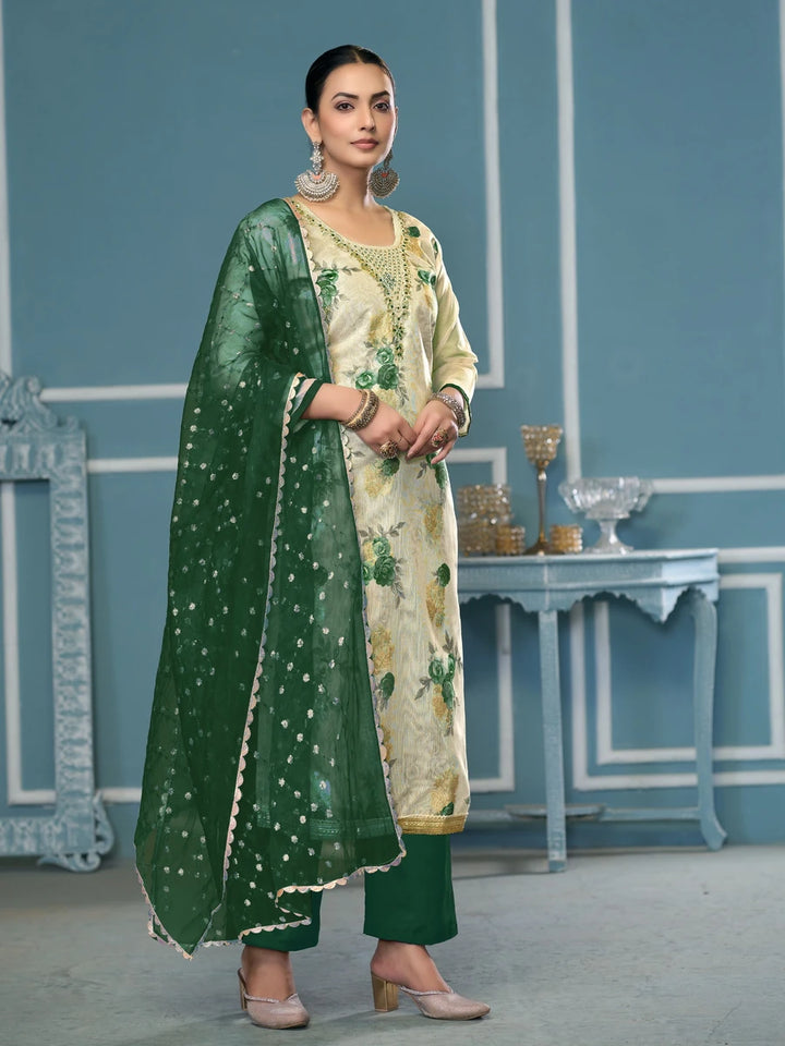 Trendy Viscose Banarasi Suit | Exquisite Work with Organza Dupatta