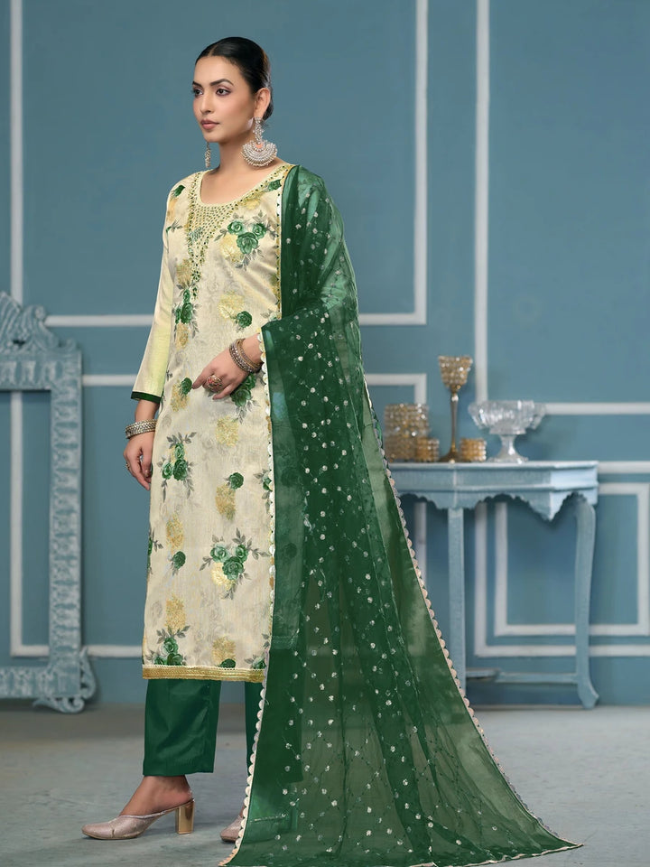 Trendy Viscose Banarasi Suit | Exquisite Work with Organza Dupatta