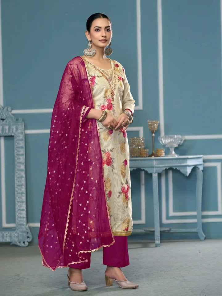 Trendy Viscose Banarasi Suit | Exquisite Work with Organza Dupatta