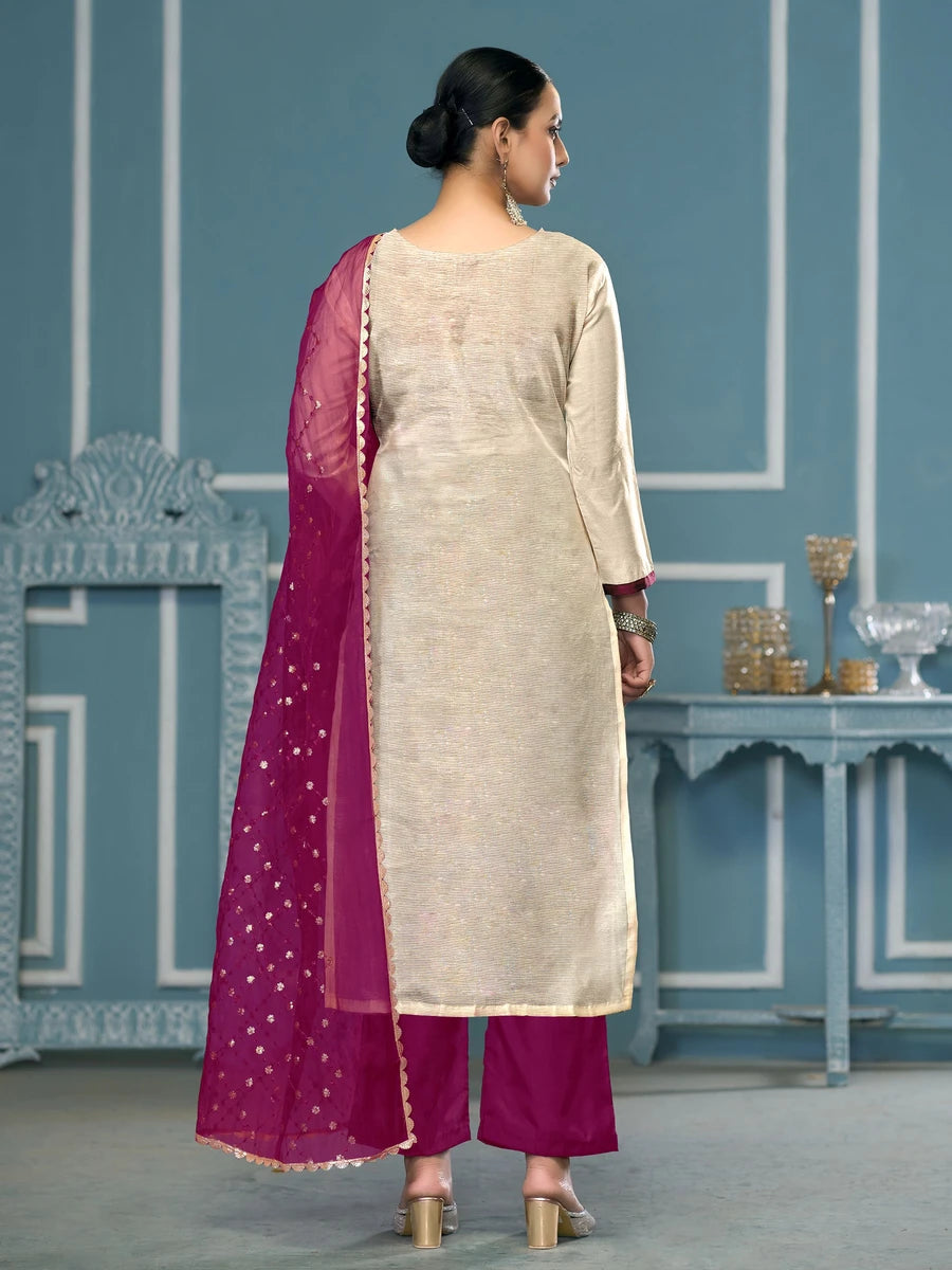Trendy Viscose Banarasi Suit | Exquisite Work with Organza Dupatta