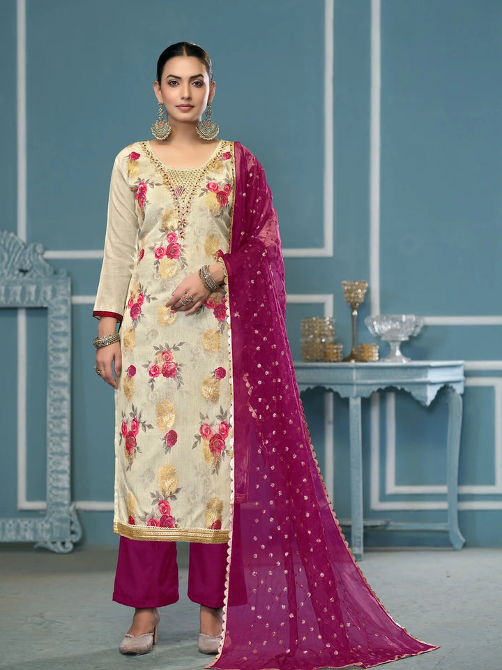 Trendy Viscose Banarasi Suit | Exquisite Work with Organza Dupatta