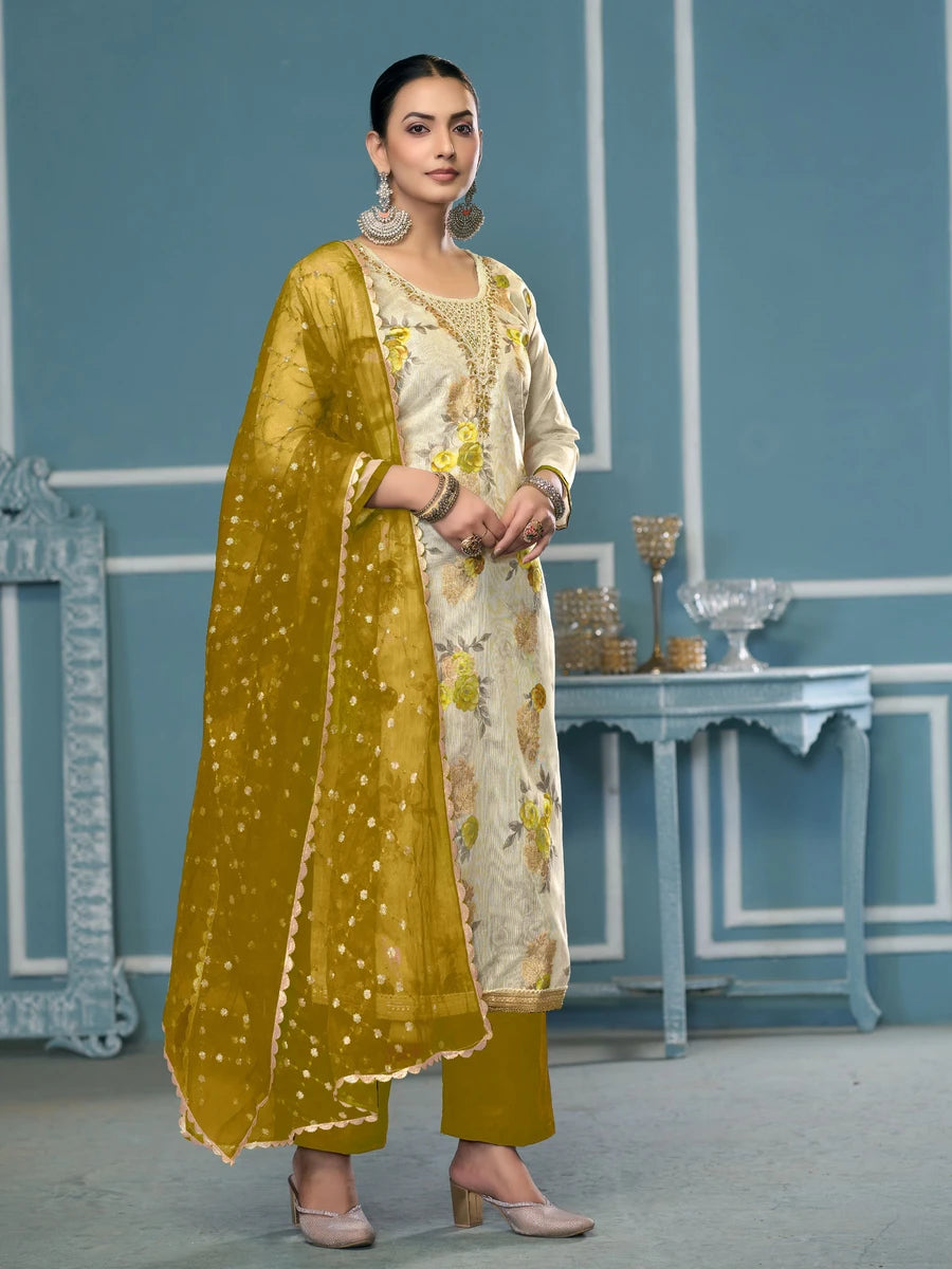 Trendy Viscose Banarasi Suit | Exquisite Work with Organza Dupatta