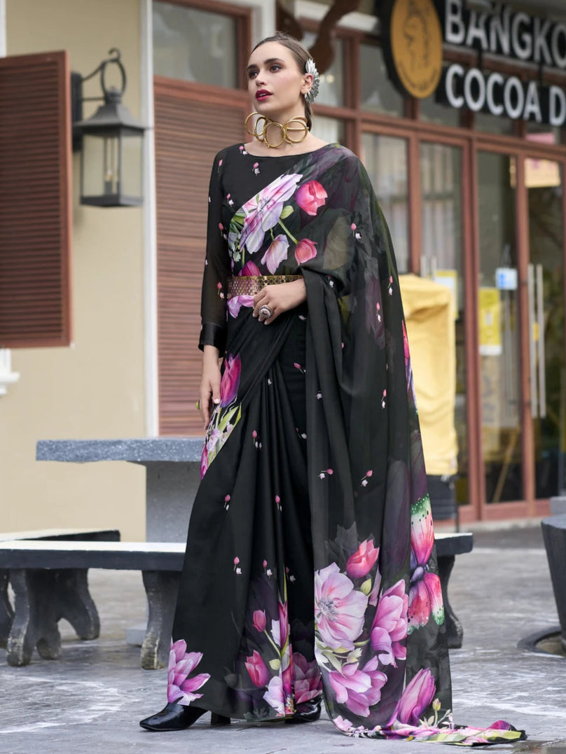 Black Georgette Saree | Designer Printed Elegance for Special Occasions