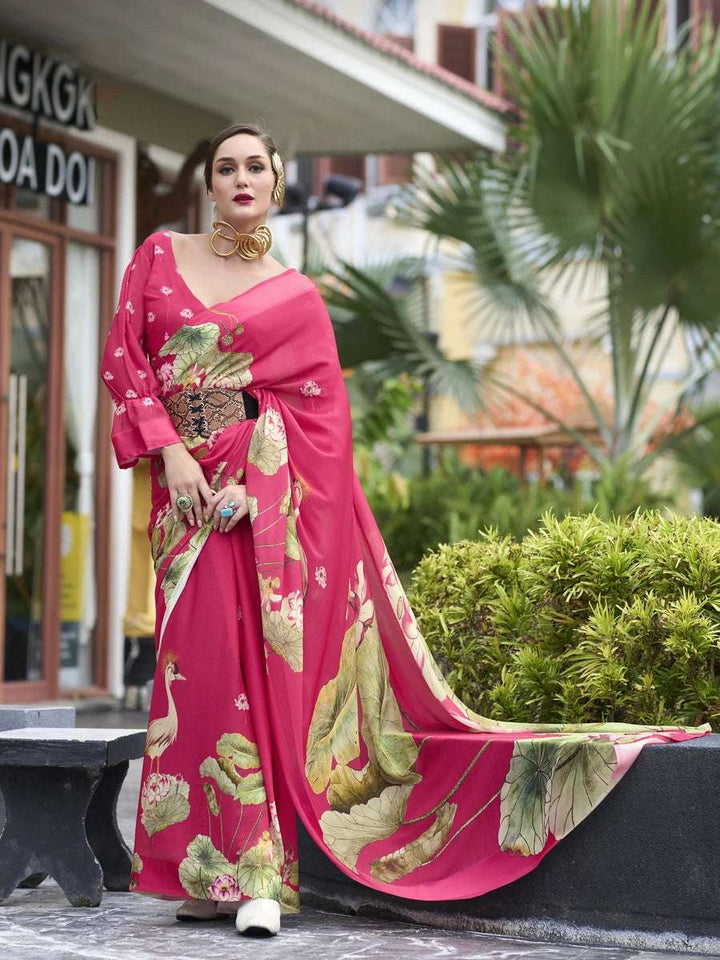 Stunning Rani Pink Georgette Saree | Designer Printed Party Wear