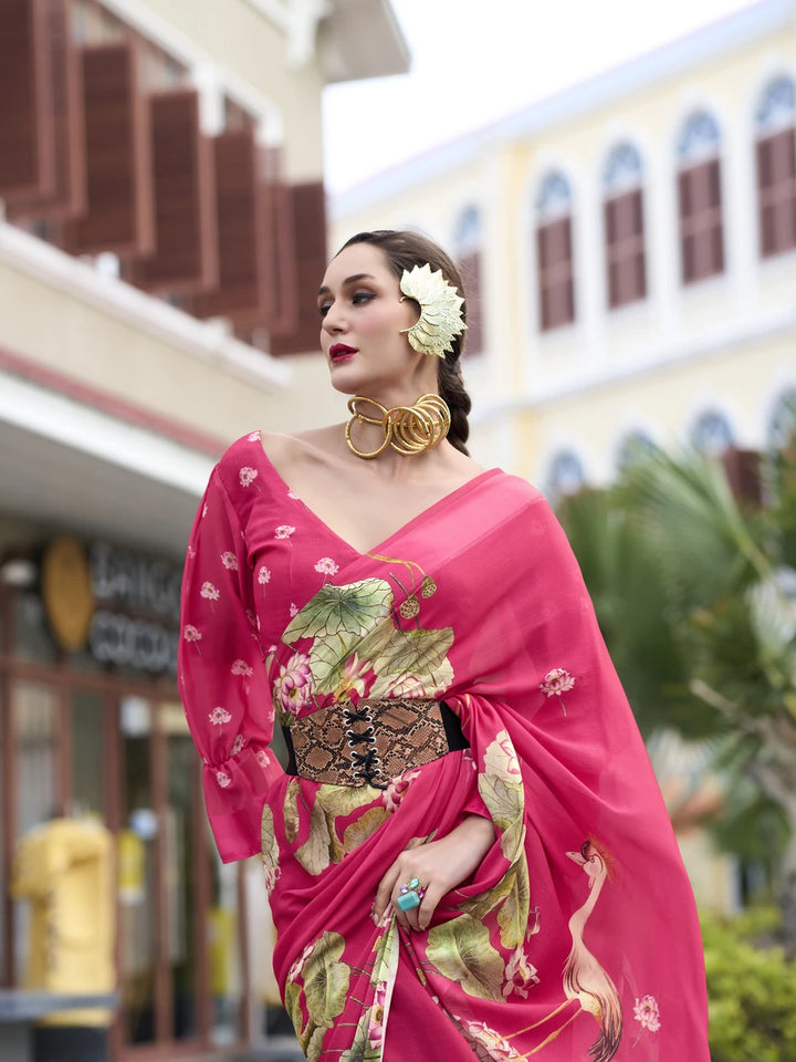 Stunning Rani Pink Georgette Saree | Designer Printed Party Wear
