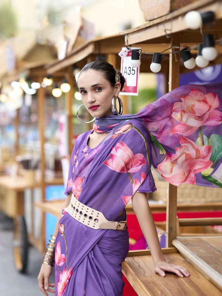 Fashionable Lavender Georgette Saree | Designer Printed Beauty for Every Event