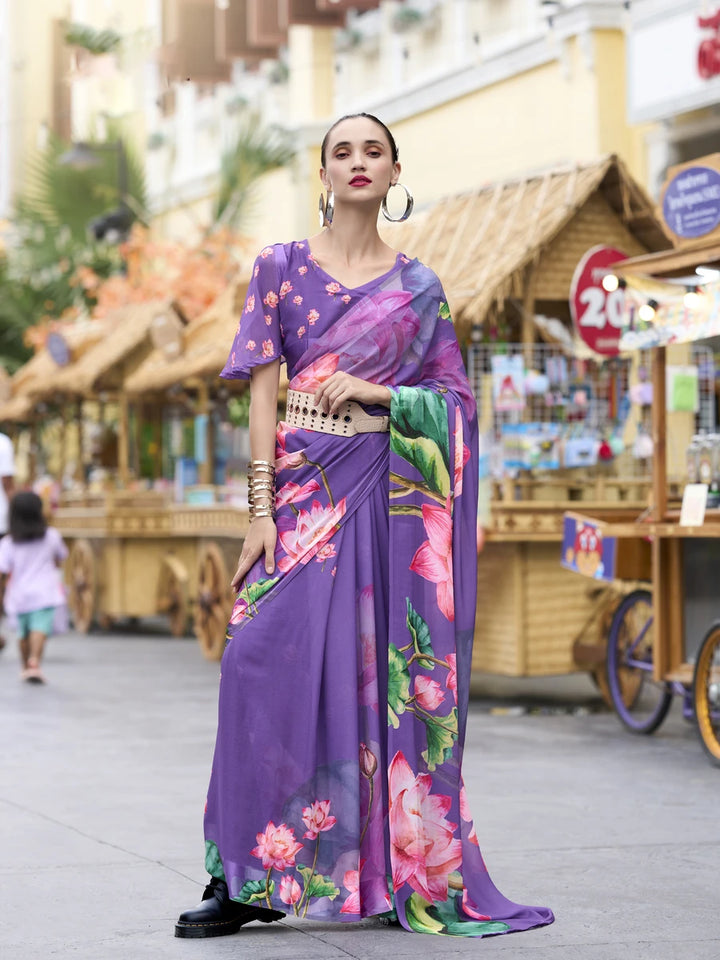Fashionable Lavender Georgette Saree | Designer Printed Beauty for Every Event