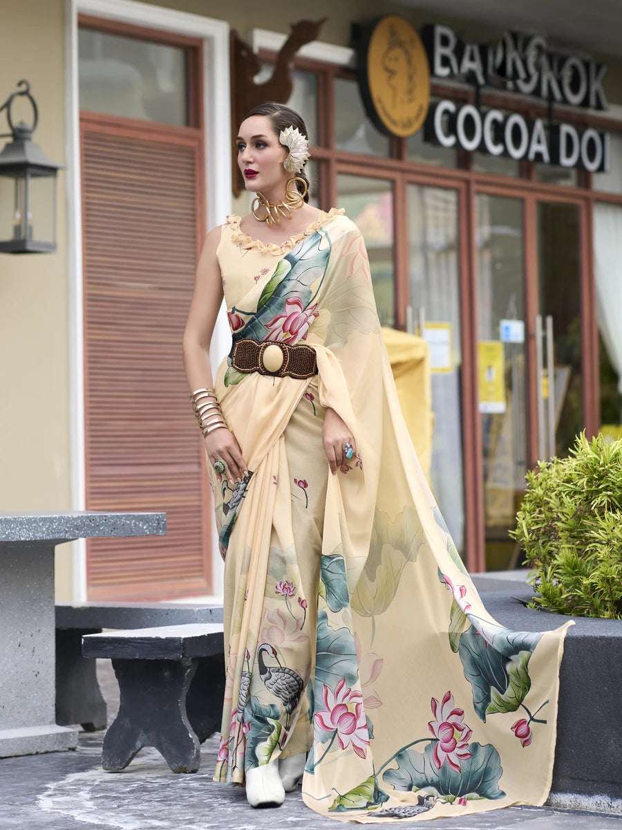 Light Yellow  Georgette Saree | Graceful Designer Prints for Parties & Events