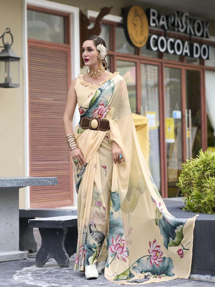 Light Yellow  Georgette Saree | Graceful Designer Prints for Parties & Events