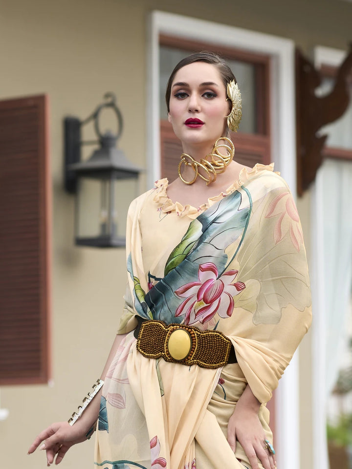 Light Yellow  Georgette Saree | Graceful Designer Prints for Parties & Events