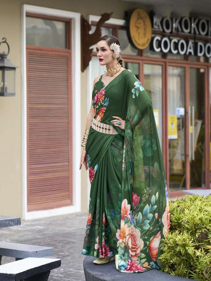 Elegant Green Georgette Saree | Designer Prints for a Glamorous Look