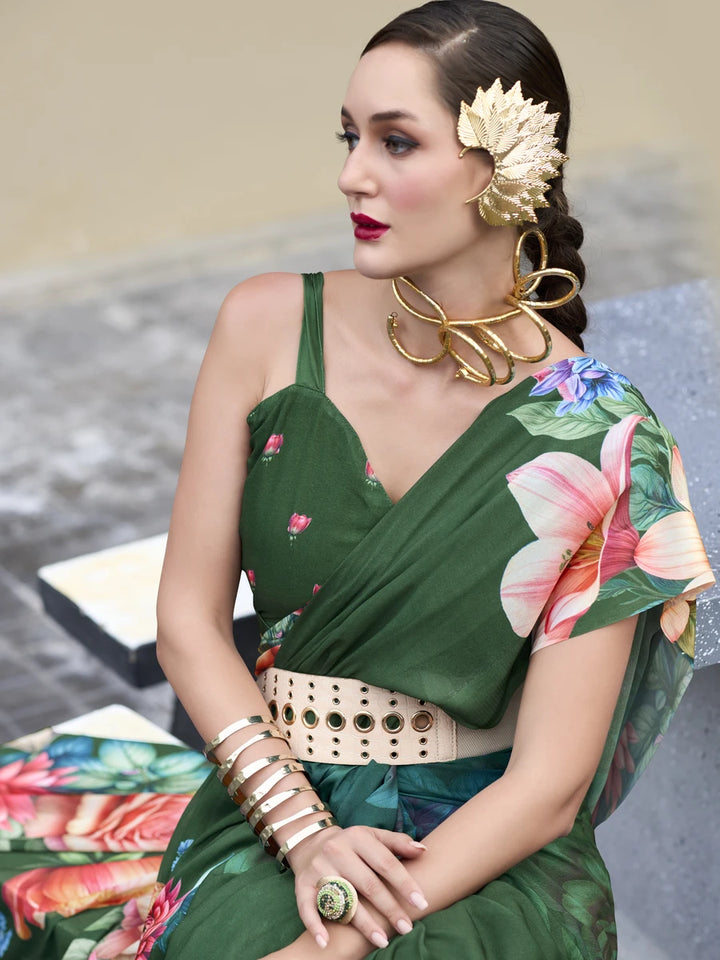 Elegant Green Georgette Saree | Designer Prints for a Glamorous Look