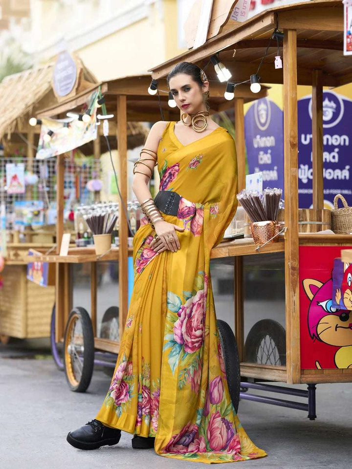 Lightweight Mustard Saree | Georgette Fabric with Elegant Designer Prints