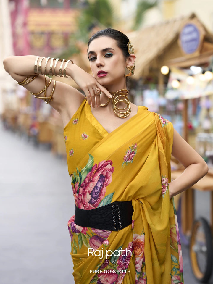 Lightweight Mustard Saree | Georgette Fabric with Elegant Designer Prints