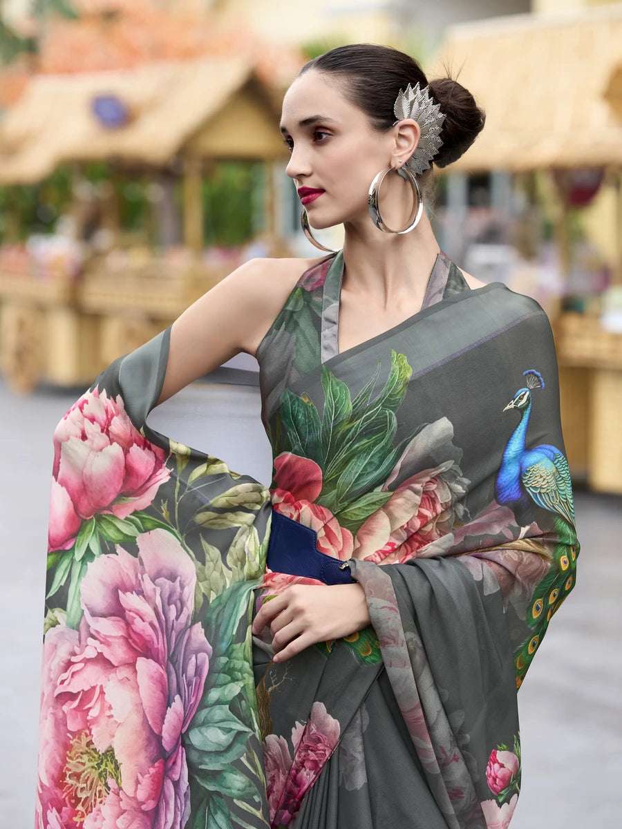 Fashionable Gray Georgette Saree | Stunning Designer Print for Modern Women