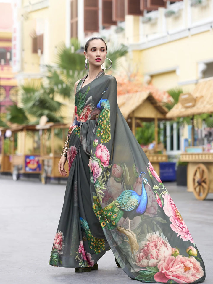 Fashionable Gray Georgette Saree | Stunning Designer Print for Modern Women