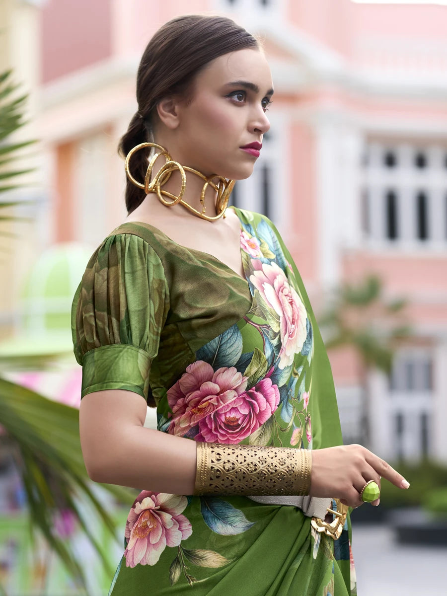 Parrot Green Georgette Saree | Elegant Designer Printed for Any Occasion