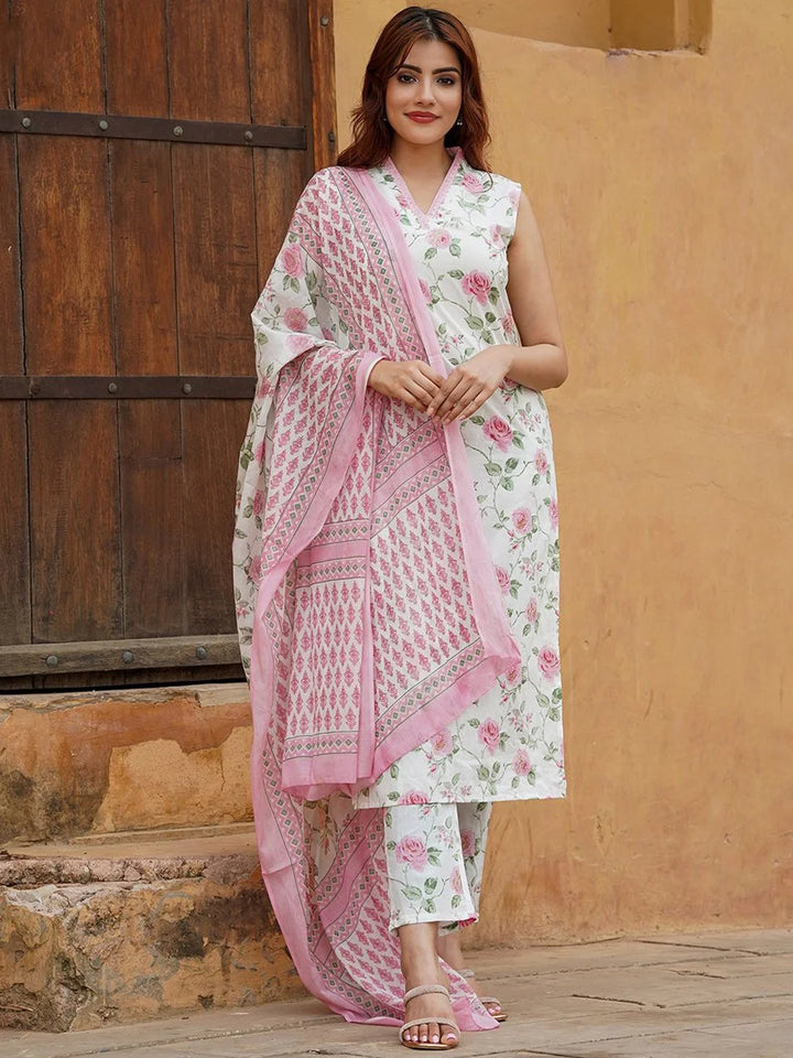 Cotton Slub Suit Set with Chanderi Dupatta | Designer Printed Work
