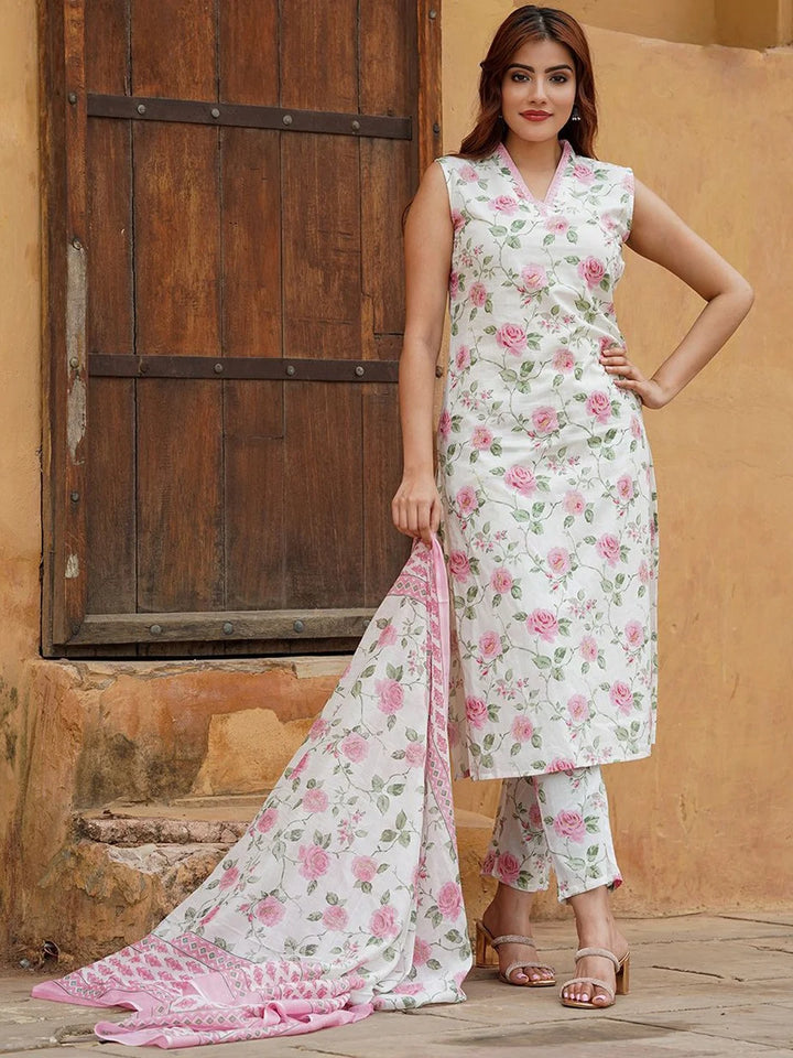 Cotton Slub Suit Set with Chanderi Dupatta | Designer Printed Work