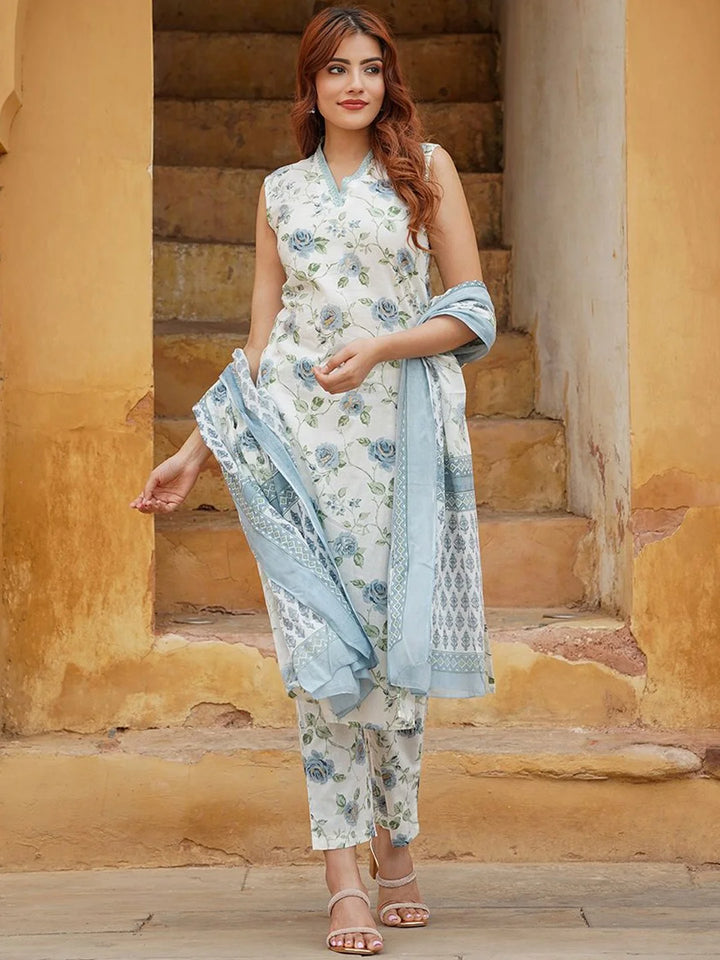 Cotton Slub Suit Set with Chanderi Dupatta | Designer Printed Work