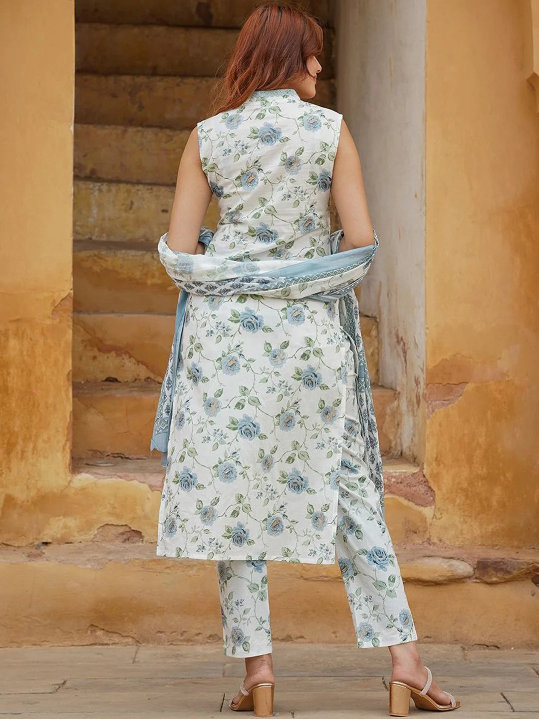 Cotton Slub Suit Set with Chanderi Dupatta | Designer Printed Work
