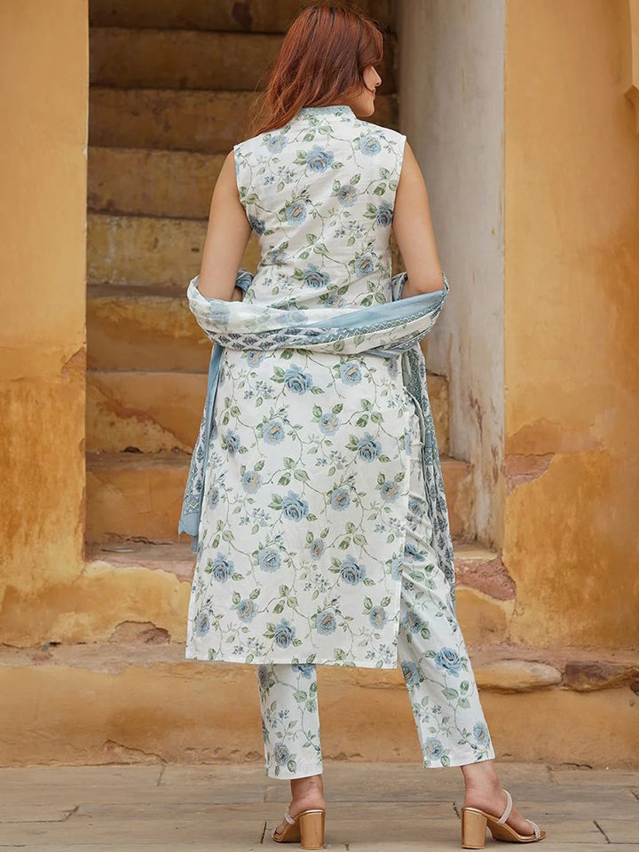 Cotton Slub Suit Set with Chanderi Dupatta | Designer Printed Work