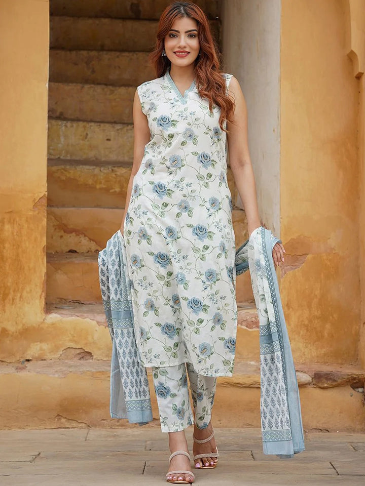 Cotton Slub Suit Set with Chanderi Dupatta | Designer Printed Work