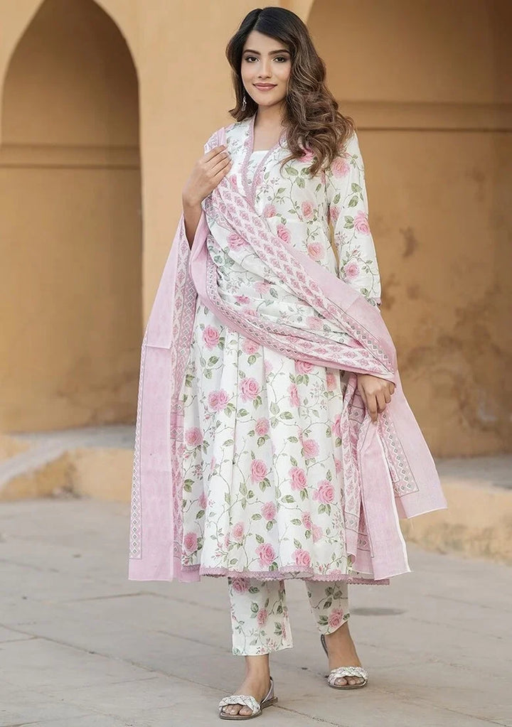 Elegant Printed Slub Cotton Suit | Chanderi Cotton Dupatta Style