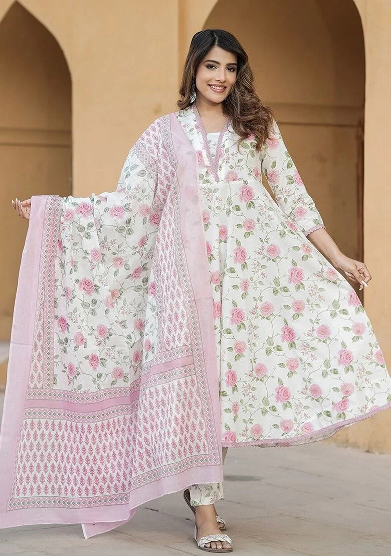 Elegant Printed Slub Cotton Suit | Chanderi Cotton Dupatta Style
