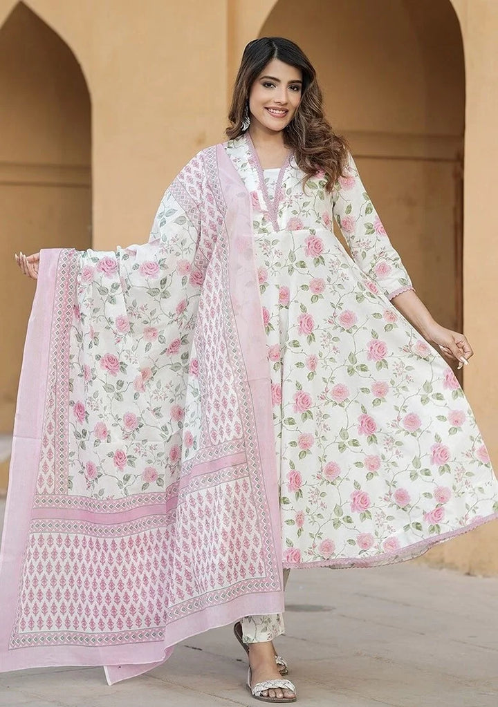 Elegant Printed Slub Cotton Suit | Chanderi Cotton Dupatta Style