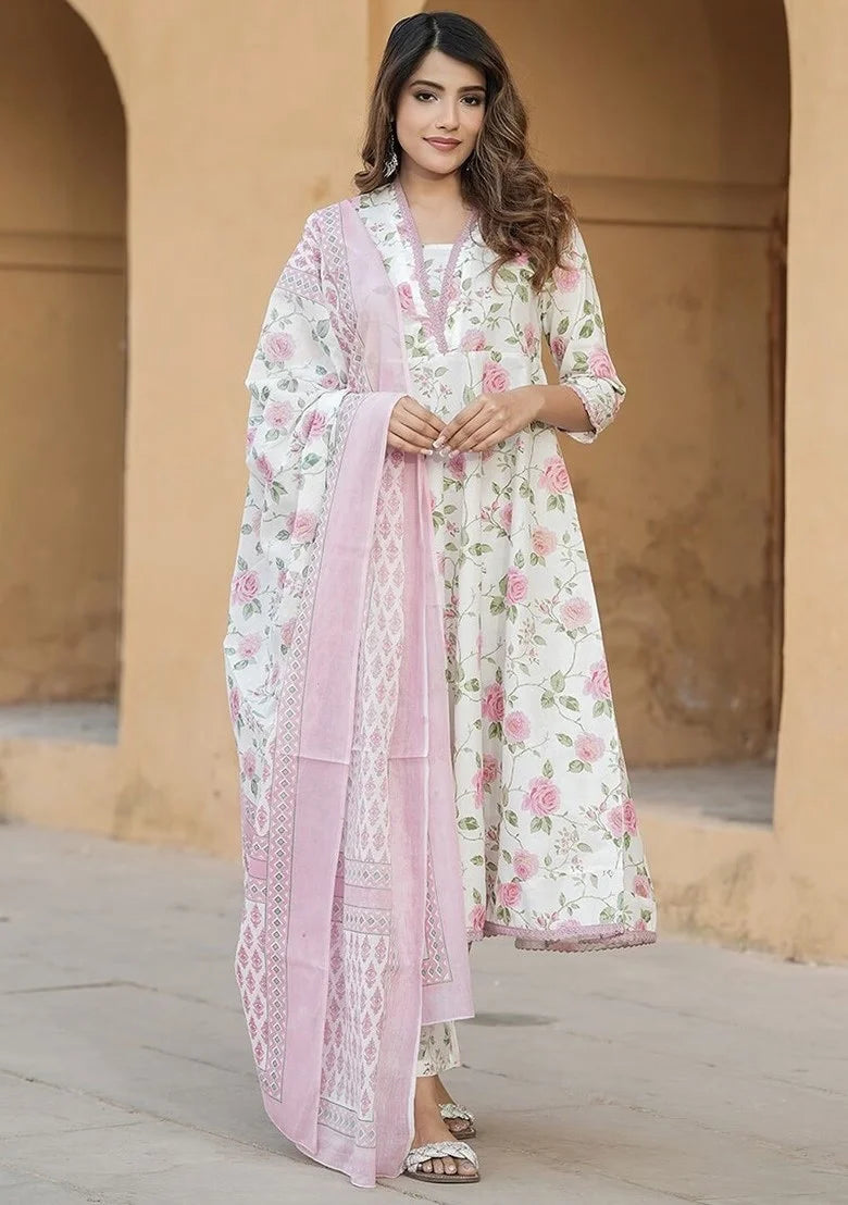 Elegant Printed Slub Cotton Suit | Chanderi Cotton Dupatta Style