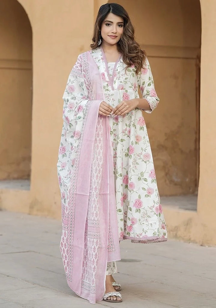 Elegant Printed Slub Cotton Suit | Chanderi Cotton Dupatta Style
