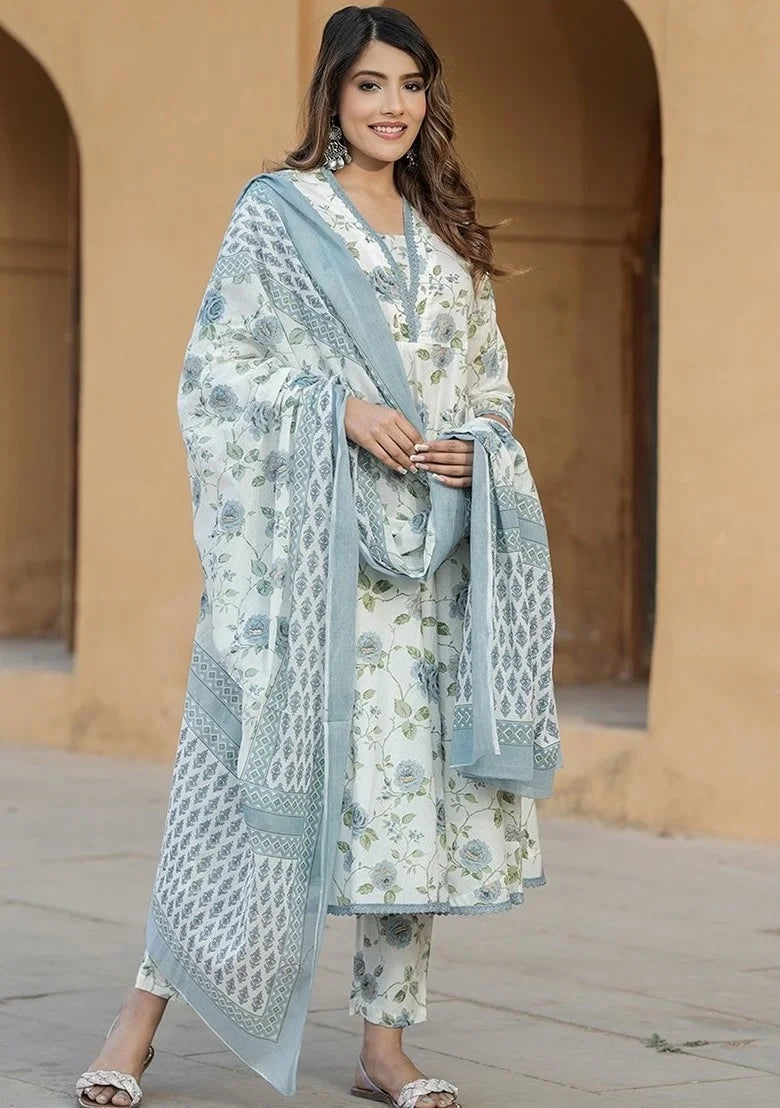 Elegant Printed Slub Cotton Suit | Chanderi Cotton Dupatta Style