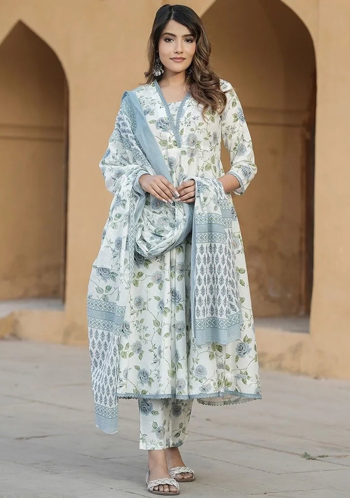 Elegant Printed Slub Cotton Suit | Chanderi Cotton Dupatta Style