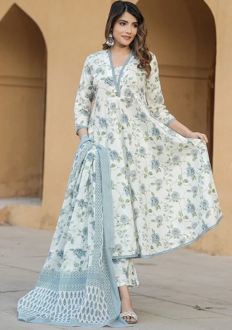 Elegant Printed Slub Cotton Suit | Chanderi Cotton Dupatta Style