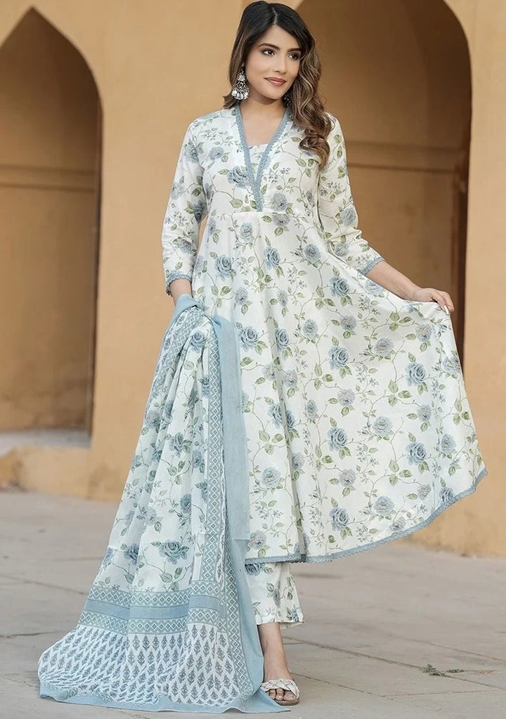 Elegant Printed Slub Cotton Suit | Chanderi Cotton Dupatta Style