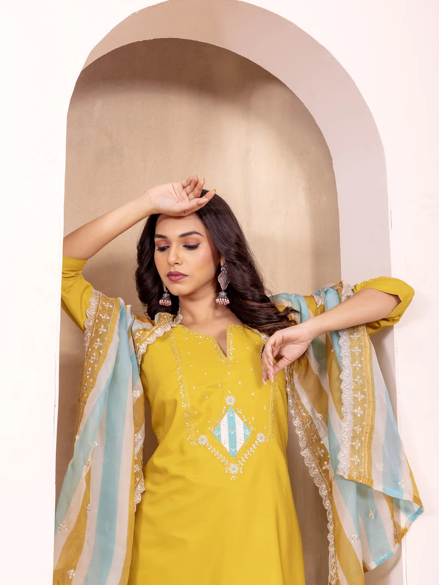 Designer Yellow Salwar Suit in Roman Silk | Printed Dupatta