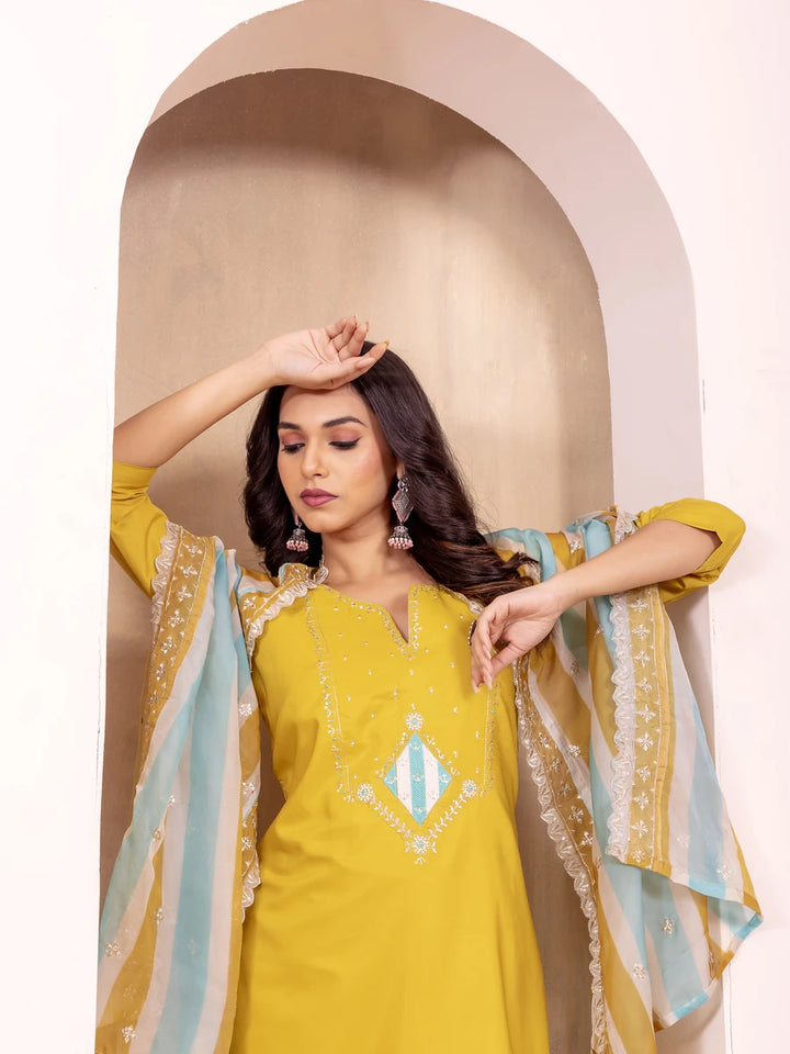Designer Yellow Salwar Suit in Roman Silk | Printed Dupatta