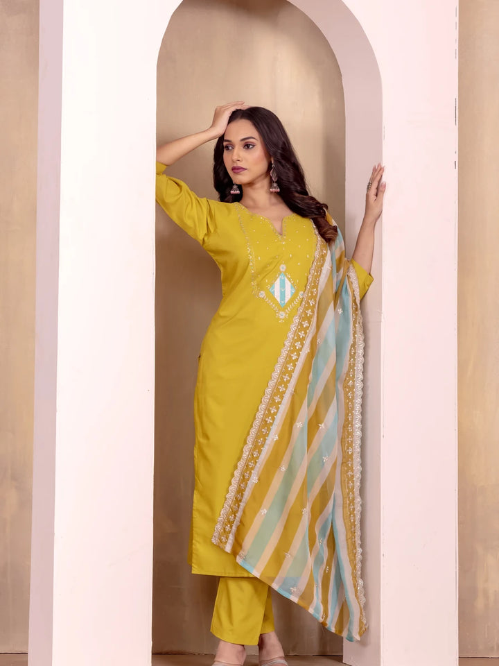 Designer Yellow Salwar Suit in Roman Silk | Printed Dupatta