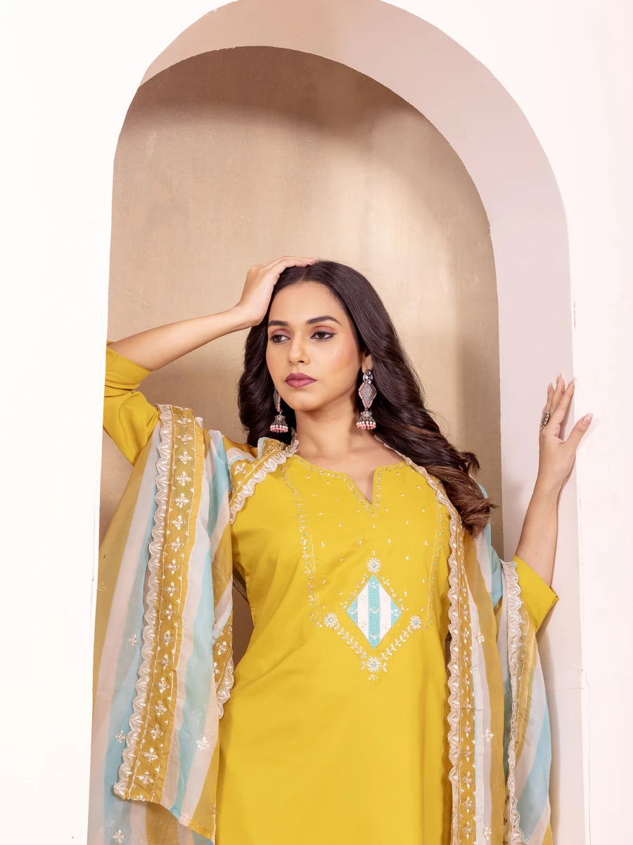 Designer Yellow Salwar Suit in Roman Silk | Printed Dupatta