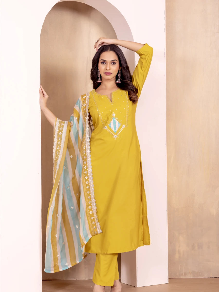 Designer Yellow Salwar Suit in Roman Silk | Printed Dupatta