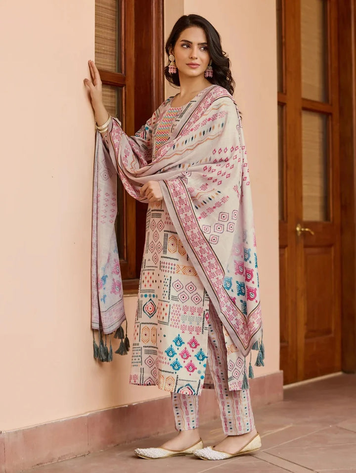 Classic Cream Designer Printed Salwar Suit | Cotton Fabric & Dupatta
