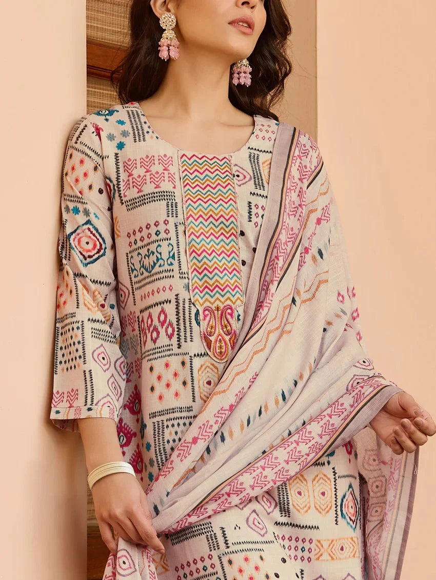 Classic Cream Designer Printed Salwar Suit | Cotton Fabric & Dupatta