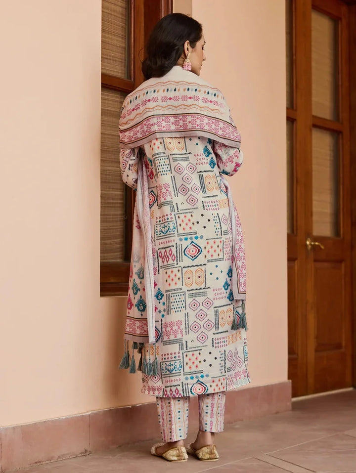 Classic Cream Designer Printed Salwar Suit | Cotton Fabric & Dupatta