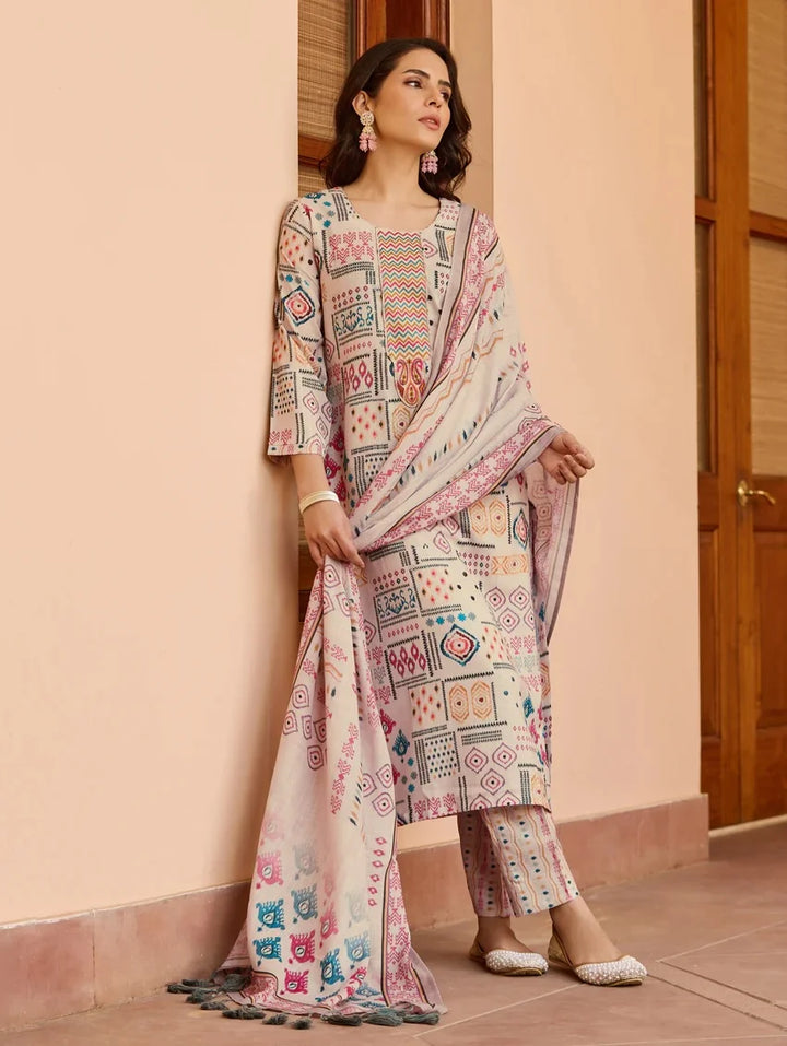 Classic Cream Designer Printed Salwar Suit | Cotton Fabric & Dupatta