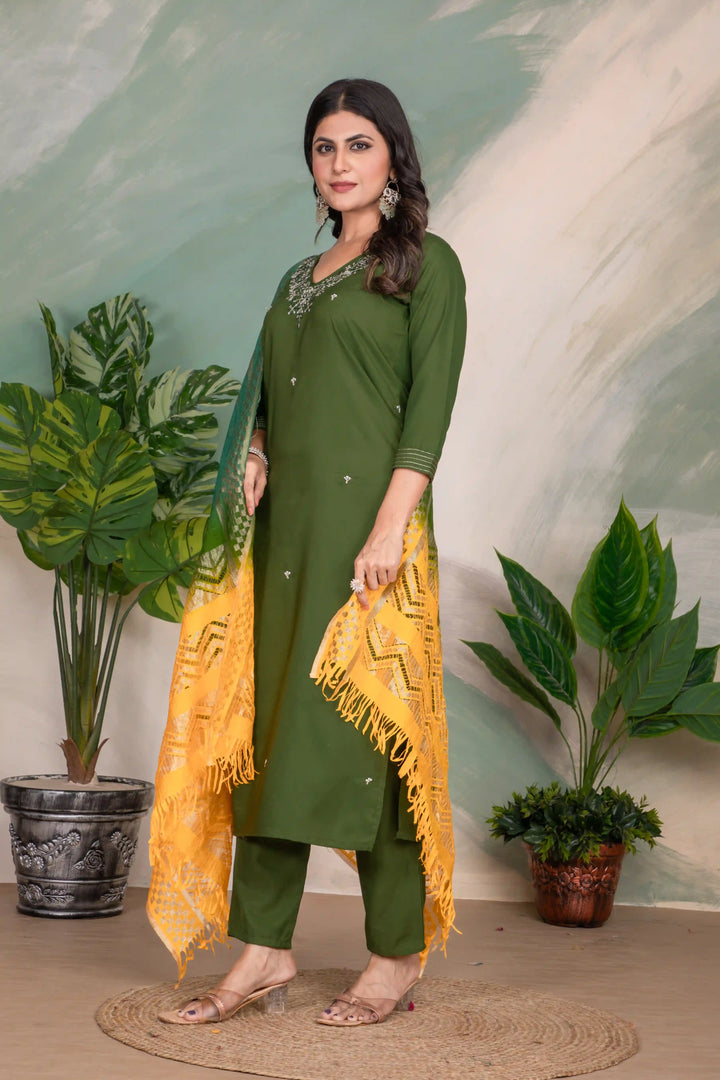 Stylish Embroidered Green Suit | Roman Silk with Cotton Dupatta