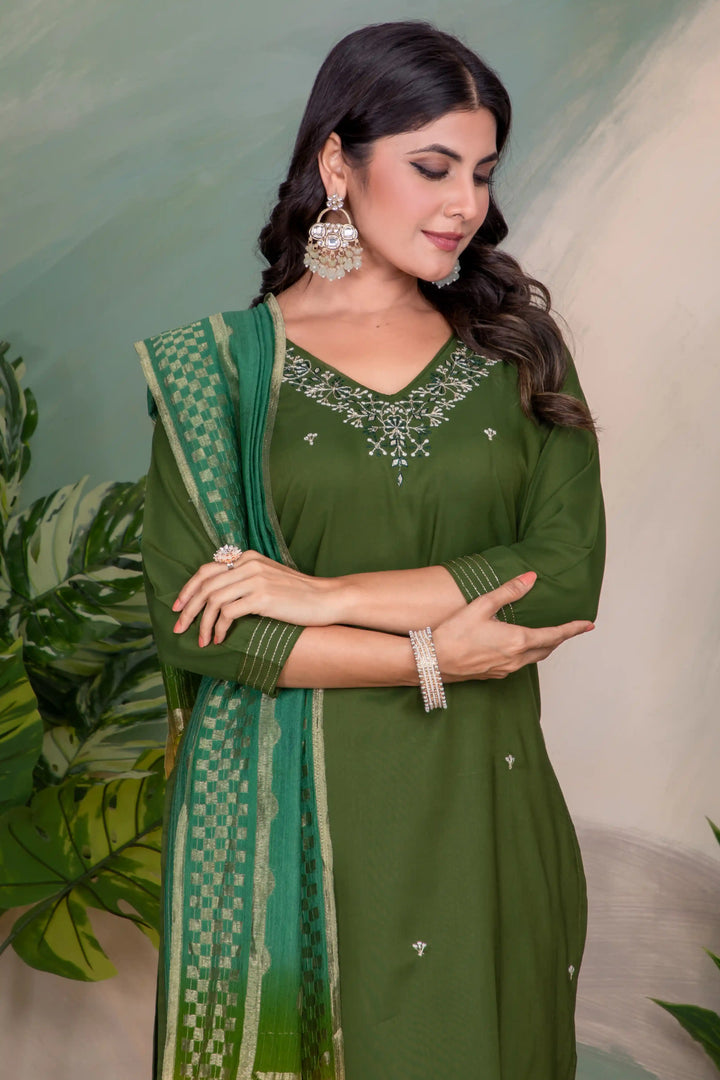 Stylish Embroidered Green Suit | Roman Silk with Cotton Dupatta